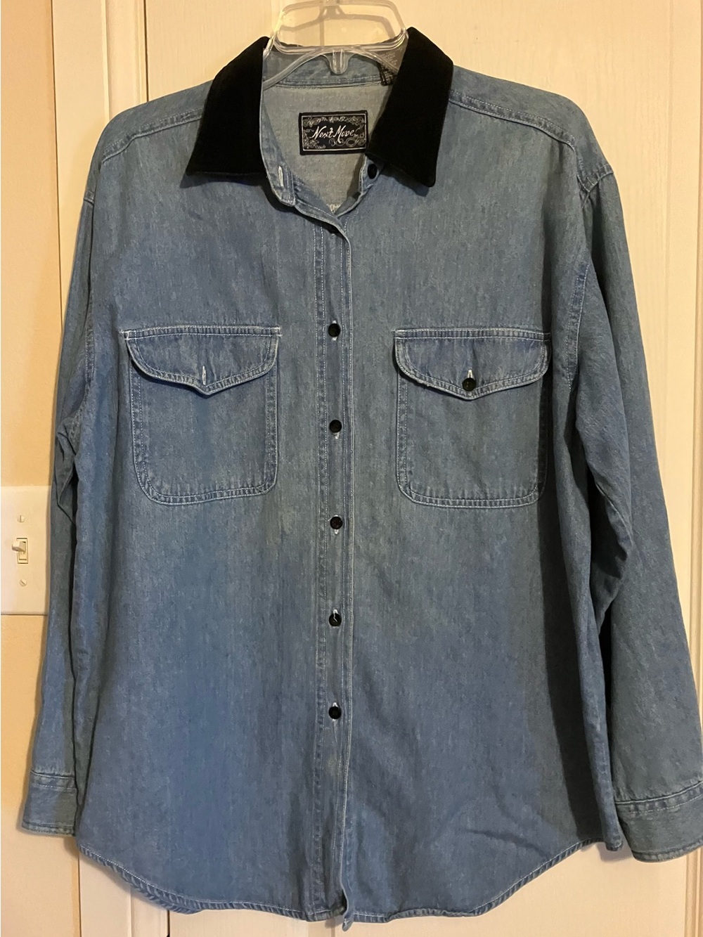 Light Blue Denim Button-Down Shirt with Black Collar